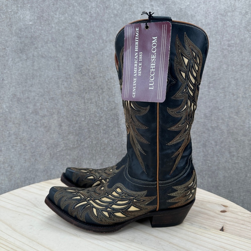 Lucchese Hillsboro M3582 Western Boots Women Black Crackle Bone Inlay Snip Toe - Picture 2 of 11